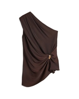 Chocolate Pleated Satin One Shoulder Blouse