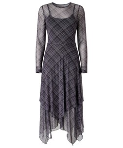 WF733A Roxy Check Dippy Hem Mesh Dress