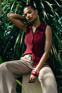 Roman Wine Textured Sleeveless Buttoned Blouse & Camel Stripe Linen Blend Trouser