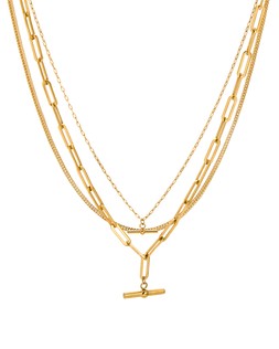 Joni Gold Tone Waterproof T-Bar Pendant Layered Chain Necklace