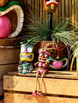 B&M GARDEN SS26 // TIKI - 8 WEEK ONLY // SOLAR MINI TIKI ORNAMENT £4 // TIKI MAN WITH TRAY £12 // TIKI CHARACTER WITH DANGLY LEGS £4 //