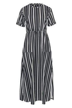 Navy Stripe Crew Neck Jersey Midi Dress with Patch Pockets