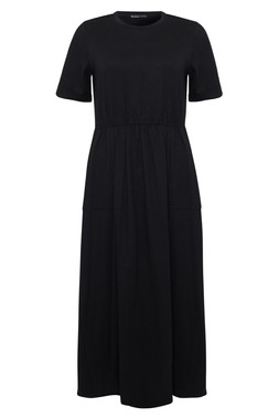 Black Crew Neck Jersey Midi Dress with Patch Pockets