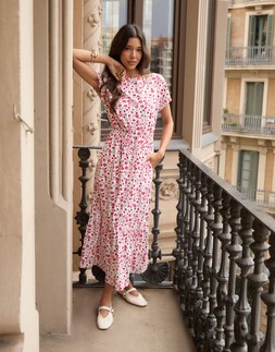 Red Floral Drawstring Waist Boat Neck Cotton Jersey Maxi Dress