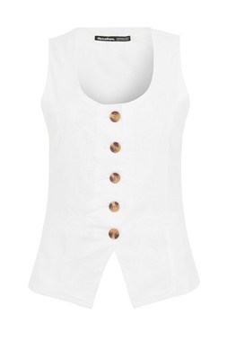White Linen Blend Scoop Neck Waistcoat