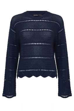 Navy Pointelle Knit Crew Neck Jumper