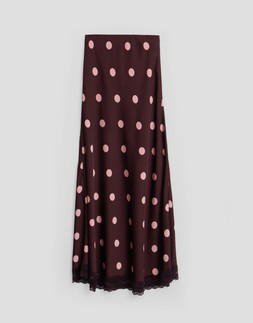 Satin Lace Trim Maxi Skirt in Burgundy Polka Dot