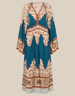 Alexandra Floral Print Boho Midi Dress Teal