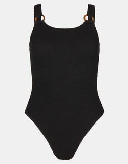 Strap Detail Crinkle Textured Swimsuit Black