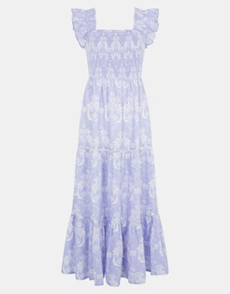 Feather Print Frill Midi Dress Blue