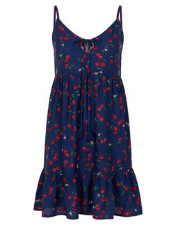Cherry Print Tassel Tie Mini Dress Blue